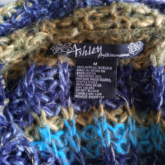 Gorgeous Cowl Neck Open Knit Chunky Sweater Turquoise Blue & Green W Gold Flecks - Picture 11 of 12